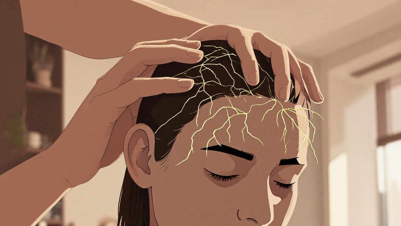 Hands gently working on a person&#039;s scalp and occipital area, releasing nerve compression.