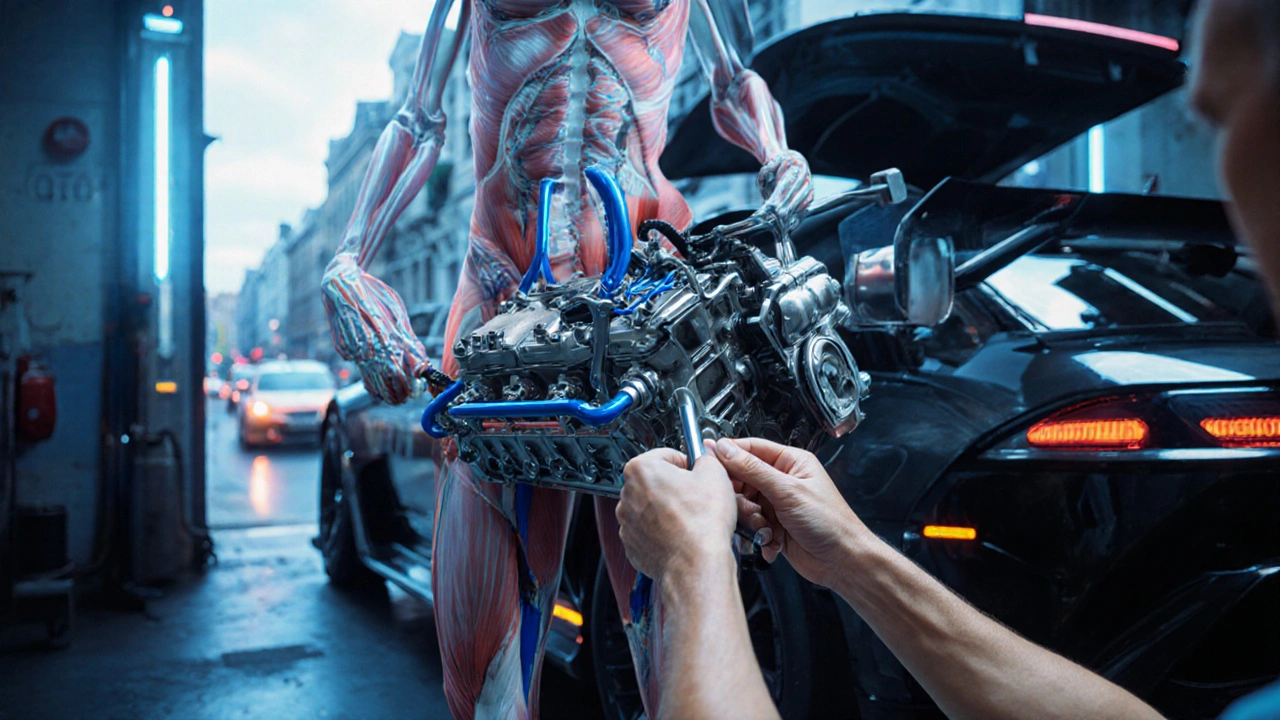 Human body as a race car being repaired by therapist&#039;s tools, set in a gritty urban workshop.