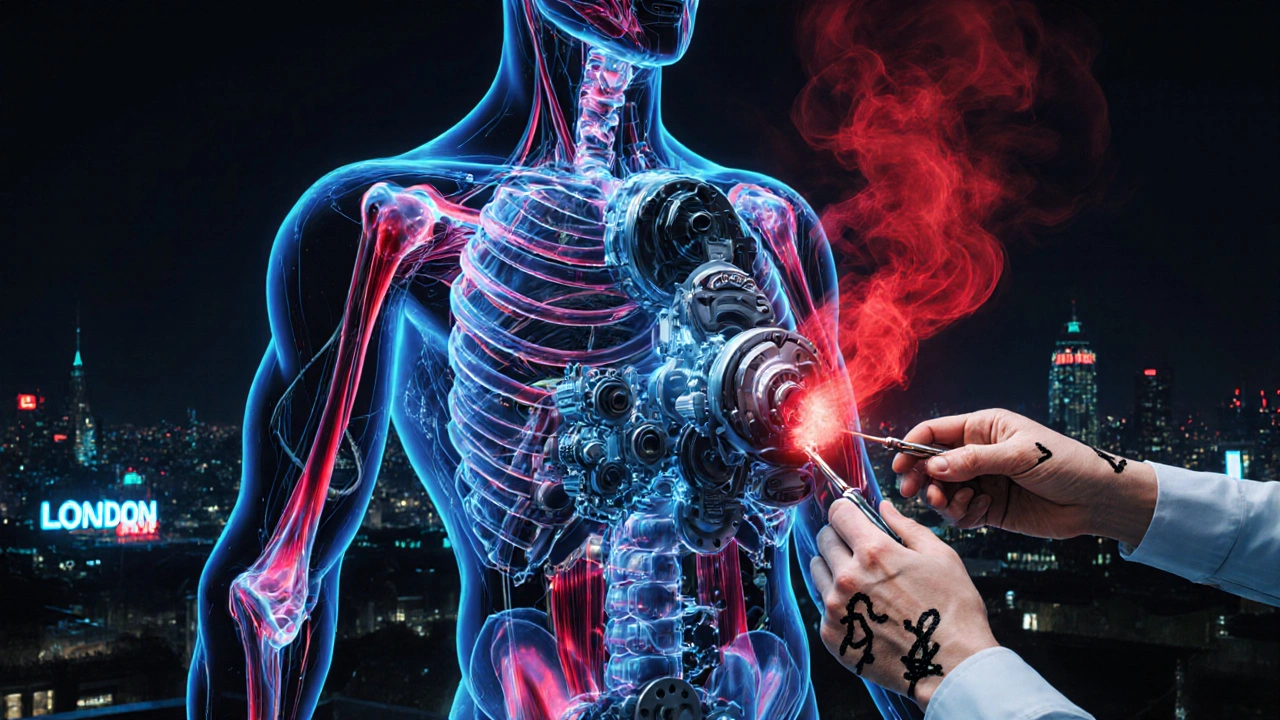 Human body as mechanical engine with therapist&#039;s hands releasing tension and lactic acid, city backdrop.