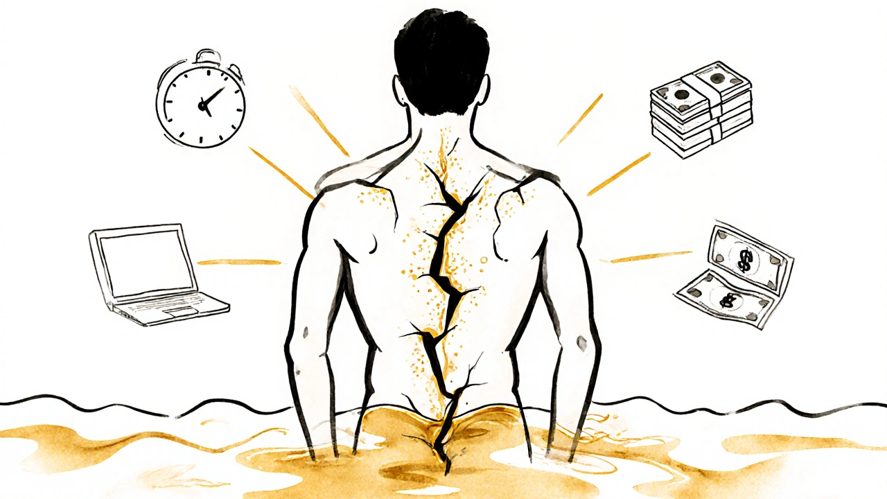 Human silhouette with golden oil flowing from tension points, dissolving stress symbols into calm waves.