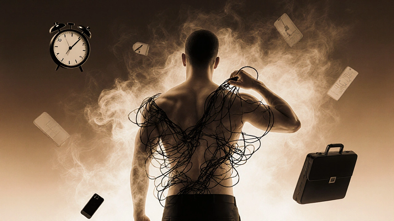 Human torso dissolving into smoke as tension knots unravel, symbols of stress fading into light, no faces or bodies.