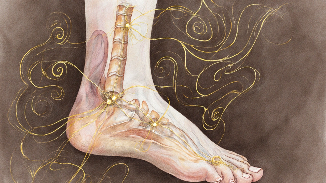 Illustrated foot with mapped pressure points connected to organs, ink and watercolor style.