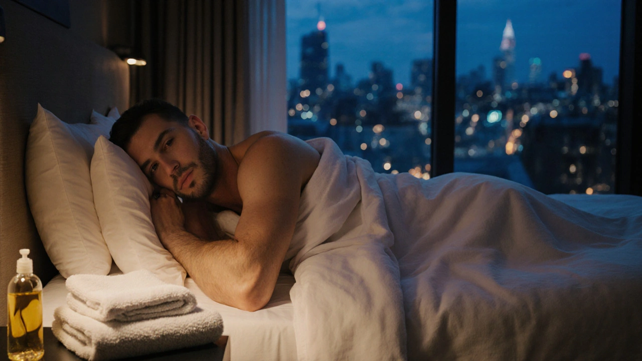 Man asleep on a hotel bed after a massage, blanket draped over him, oil bottle and towel on nightstand, city lights outside.