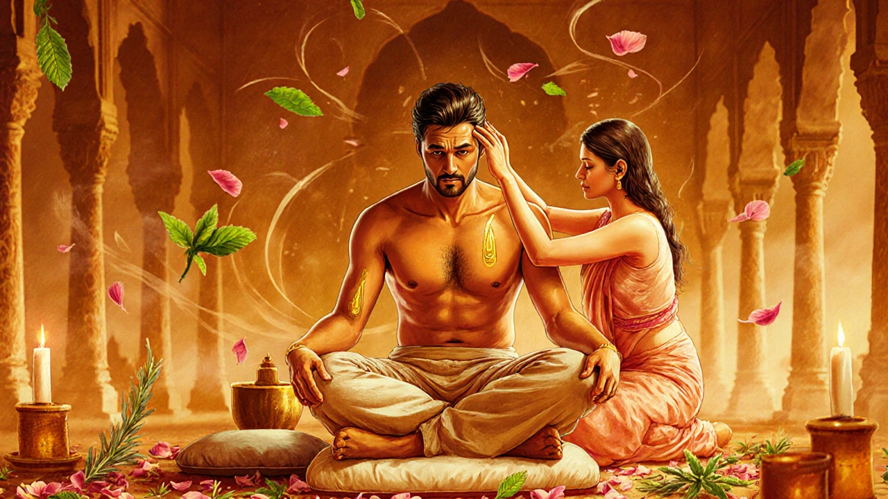 Man in peaceful meditation during an Indian head massage, surrounded by spiritual aromas and warm light.