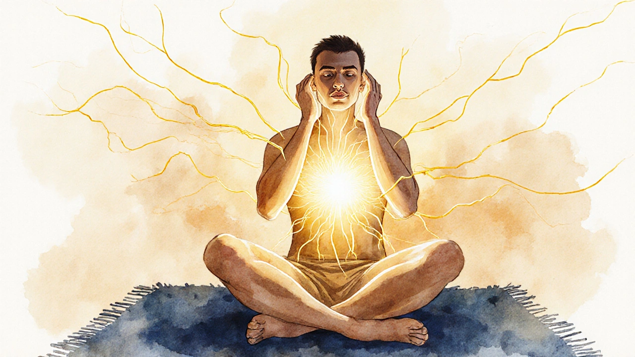 Man pressing into his skull with golden light radiating from his chest in a serene pose.