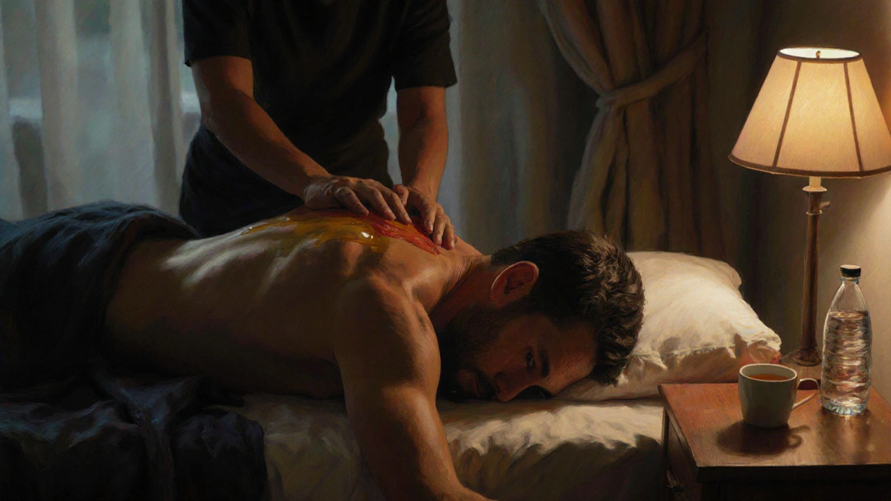 Man receiving deep tissue massage in dim light, therapist’s hands working on his shoulders.