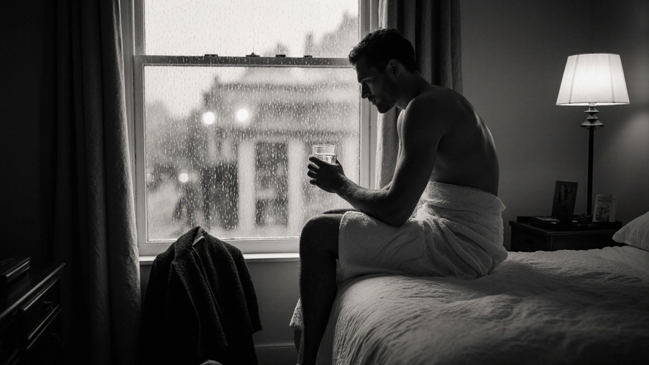 Man sitting quietly after a massage, wrapped in a towel, rain on the window behind him.