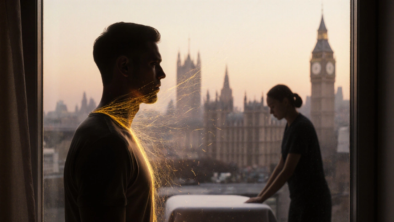 Man standing peacefully by a window after massage, golden threads of tension lifting from his body.