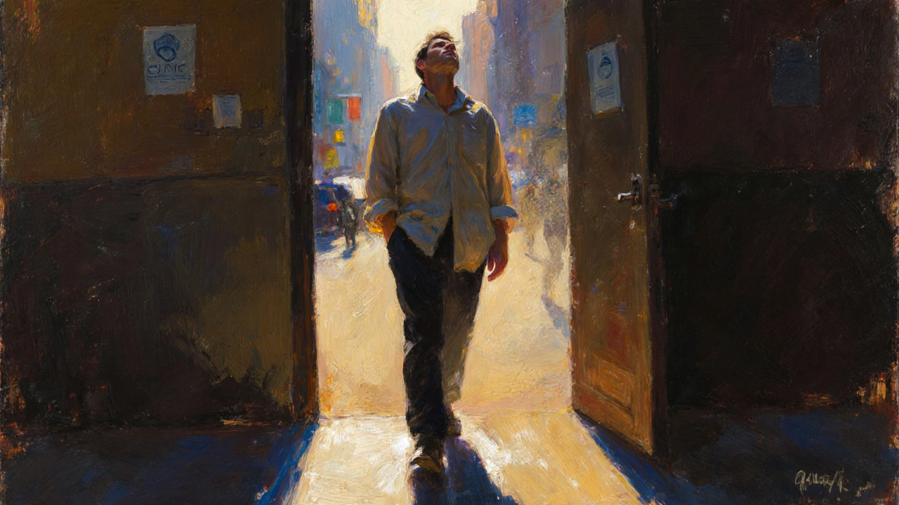 Man walking out of a clinic, shoulders relaxed, eyes closed, afternoon light casting a long shadow.