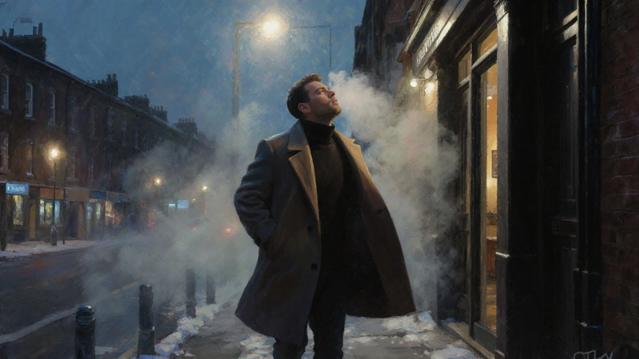 Man walking out of a massage studio into a cold evening, relaxed and breathing deeply under streetlights.