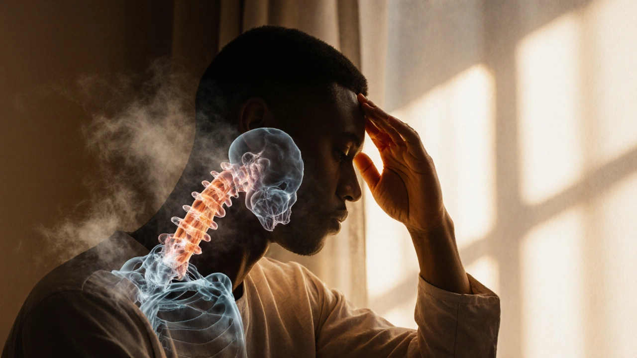 Person experiencing relief from migraines as muscle tension dissolves around their neck and shoulders.