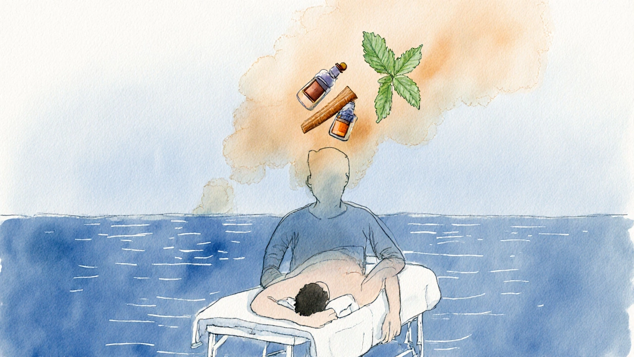 Silhouette of a man dissolving into aromatic mist, symbolizing deep relaxation and emotional release.