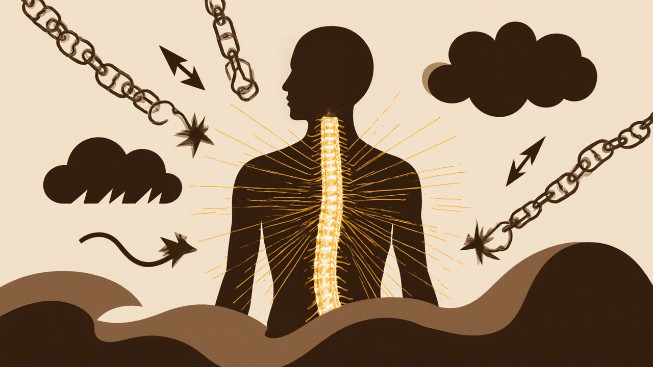 Silhouette with golden energy threads radiating from the body, symbolizing release of physical and emotional tension.