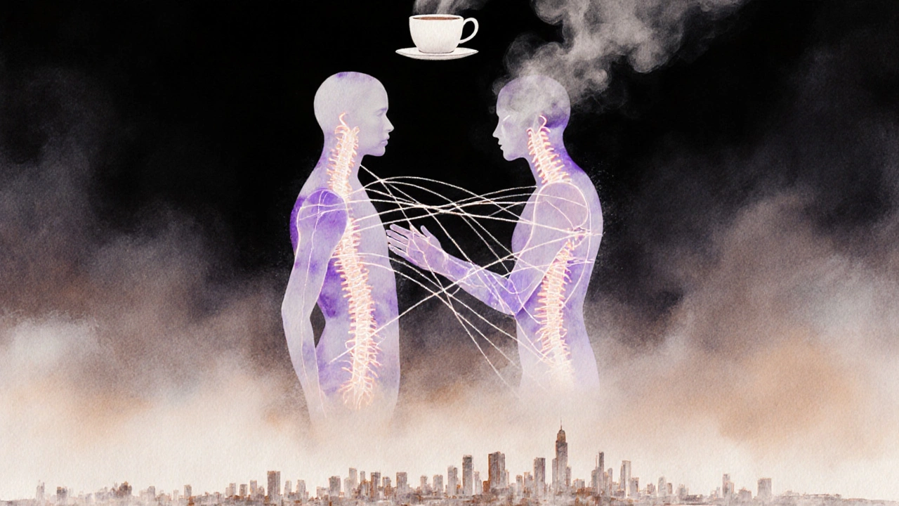 Silhouettes connected by glowing threads of scent and touch, symbolizing emotional presence.