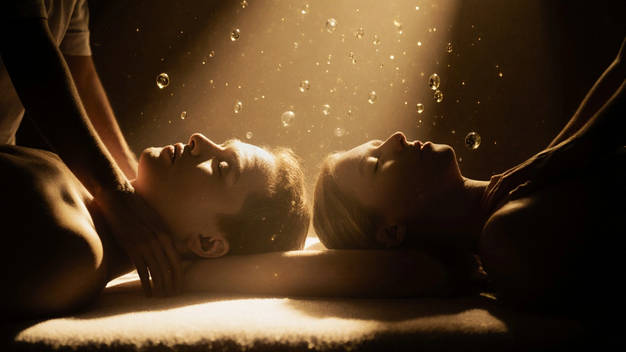 Silhouettes of a couple wrapped in glowing light, oil droplets floating between them, representing deep, wordless connection.