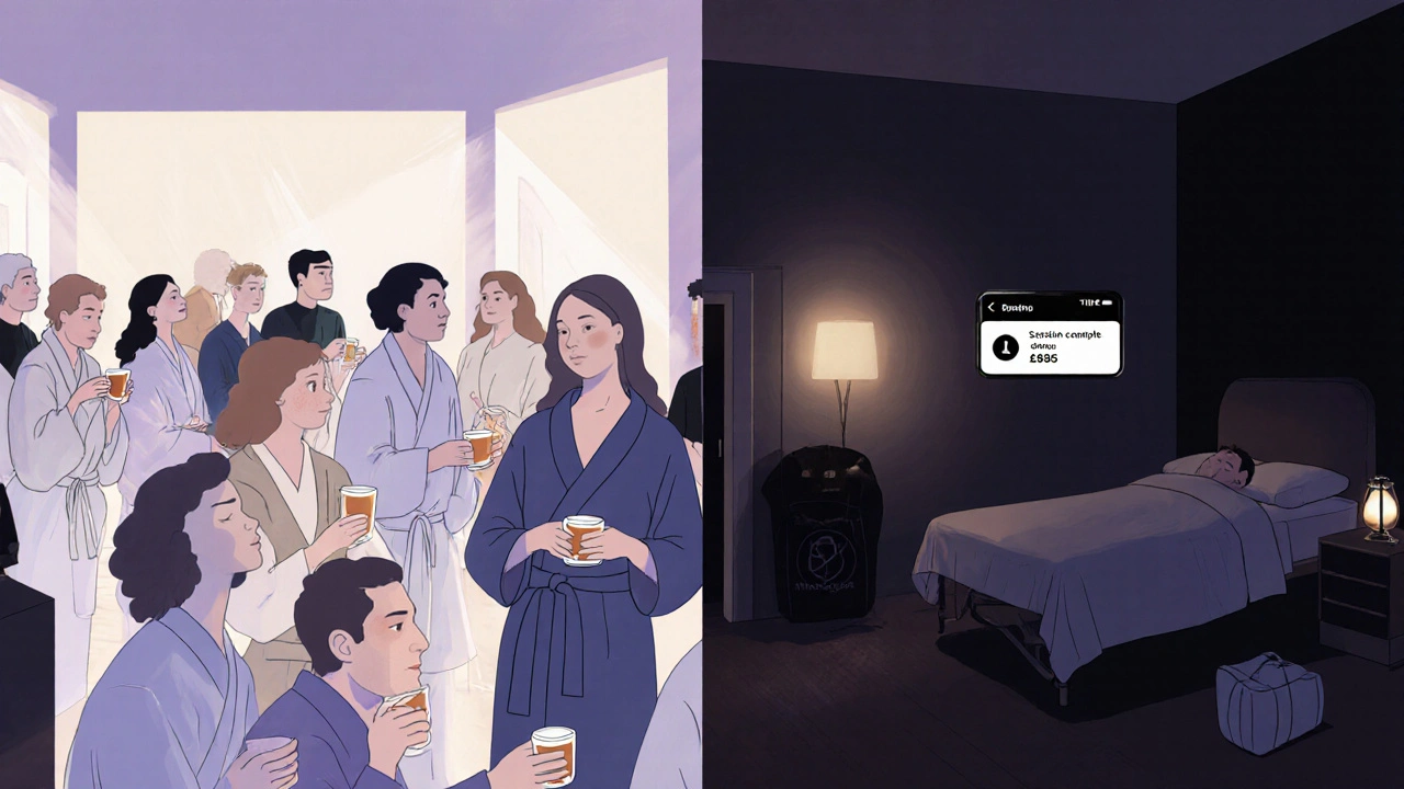 Split image: chaotic spa on left, peaceful bedroom on right—private massage wins over crowded wellness spaces.