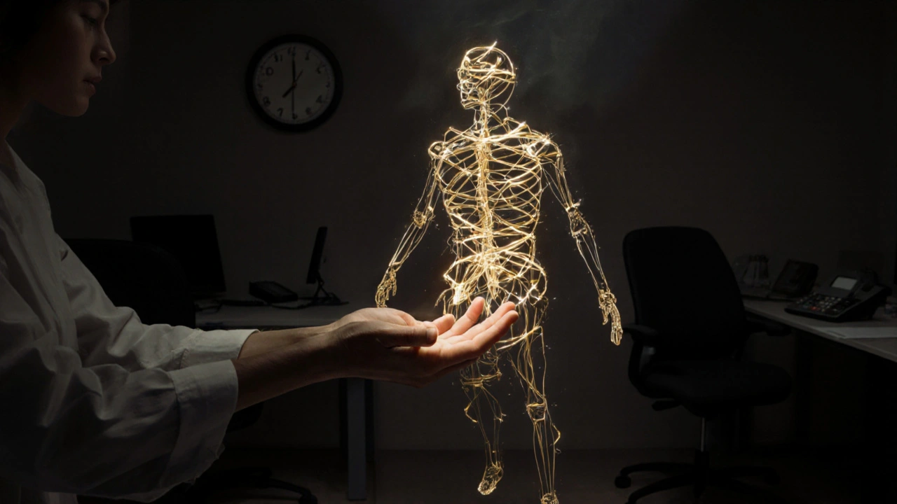 Surreal image of a person dissolving into golden tension threads, being gently held as stress fades away.