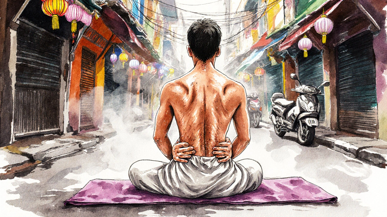 Thai therapist seated on client&#039;s back during an alleyway massage in Bangkok, vibrant street ambiance.