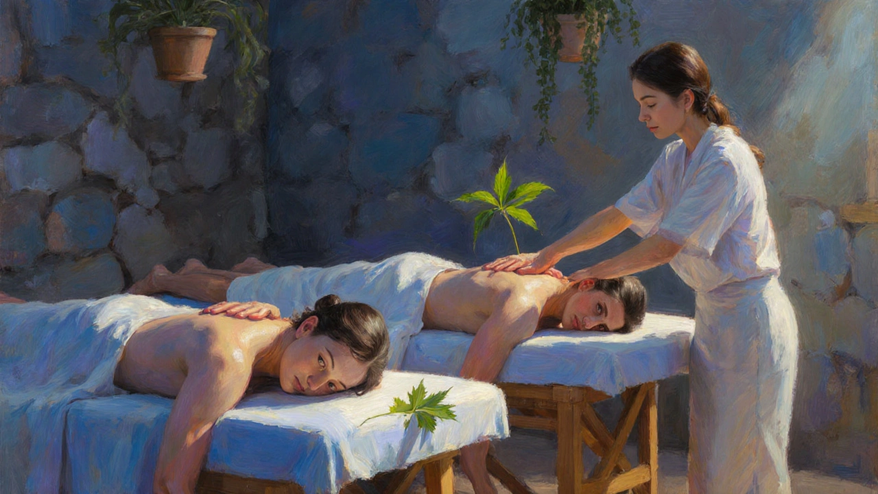 Two relaxed figures in a serene spa room, golden light surrounding them as a therapist&#039;s hands hover nearby, symbolizing emotional renewal.