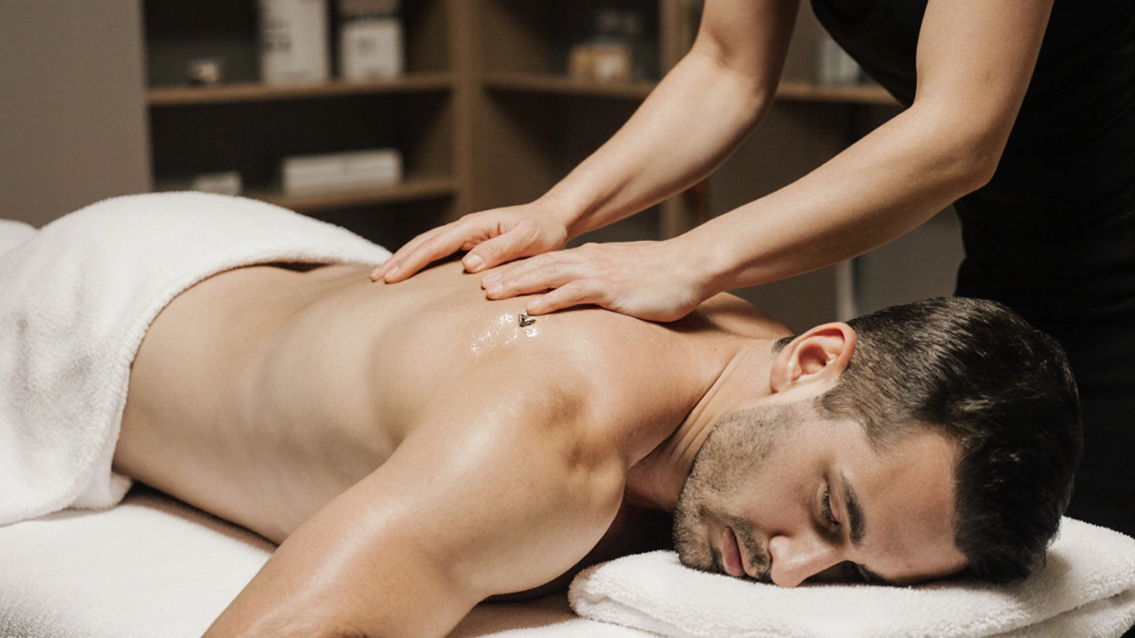 Woman&#039;s hands applying deep pressure to a man&#039;s back during a massage, tear on his temple.