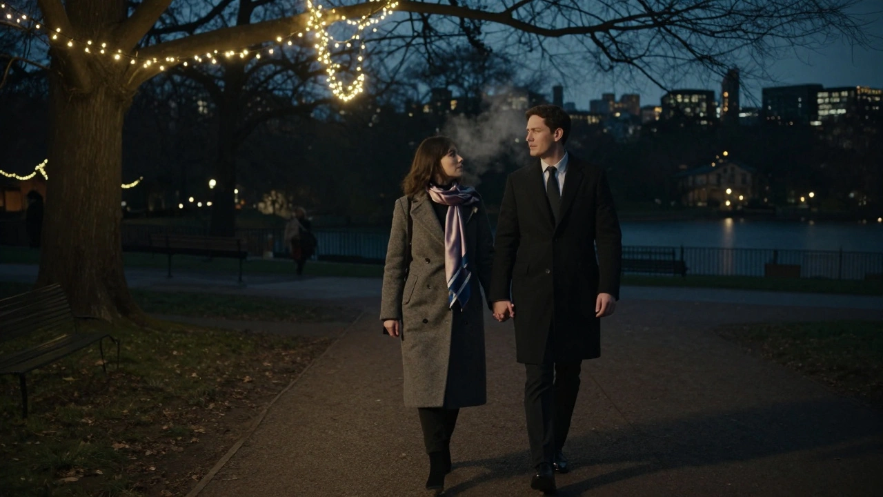 A couple walks hand-in-hand through Hyde Park at night under twinkling fairy lights.