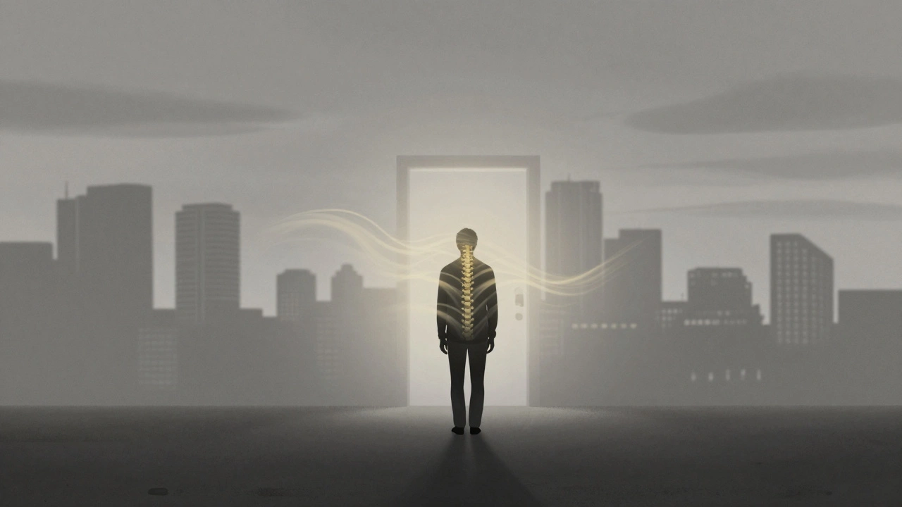 A figure dissolving into soothing light waves against a quiet London dawn, symbolizing emotional release.