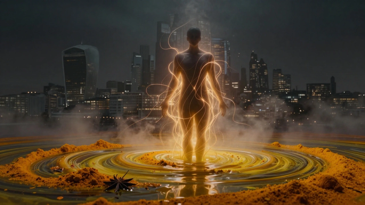 A human form dissolving into swirling warm oil and spices, symbolizing emotional release over London&#039;s skyline.