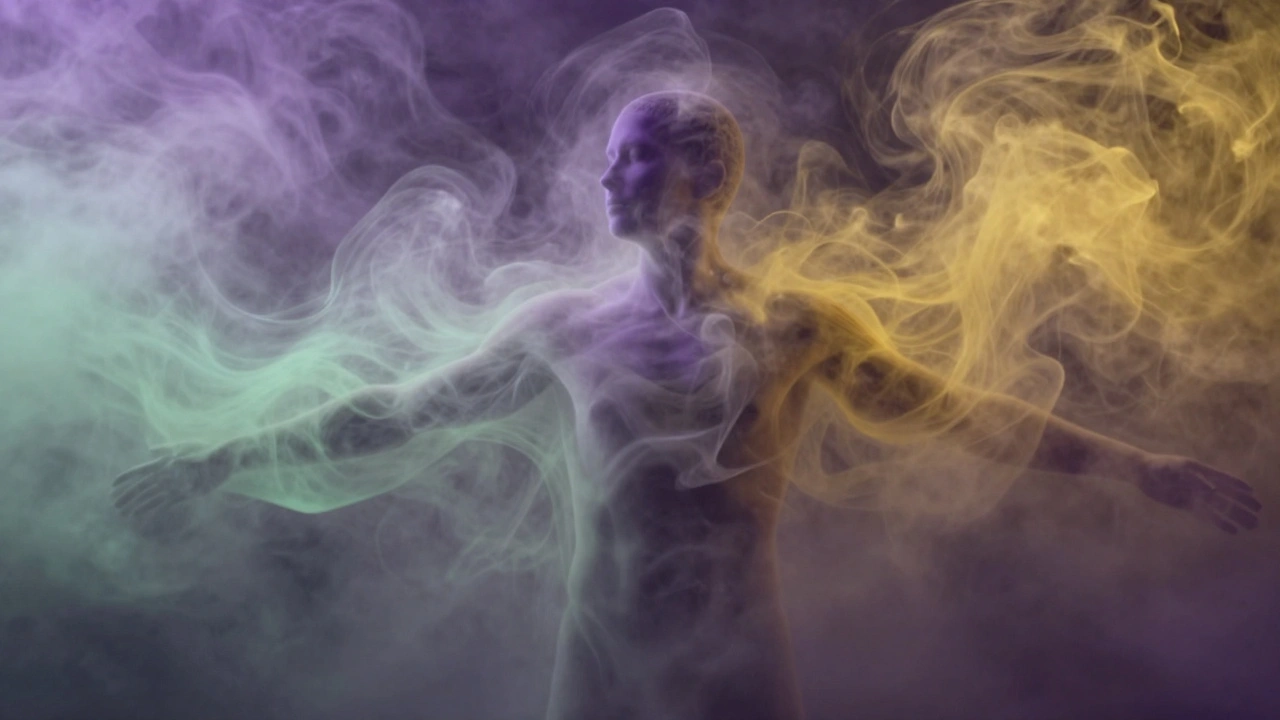 A human silhouette surrounded by swirling colored mists representing calming aromas, symbolizing emotional release.