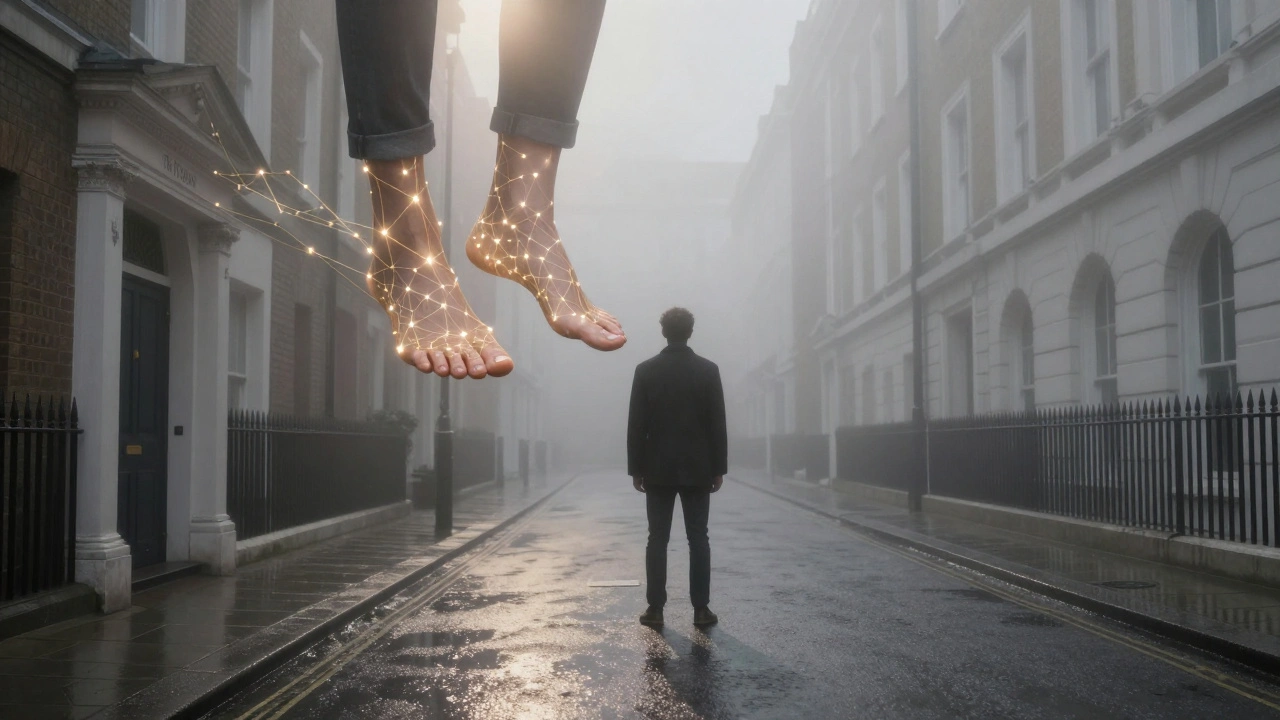 A man&#039;s shadow replaced by glowing, floating feet connected by golden threads to a hidden door on a foggy London street.