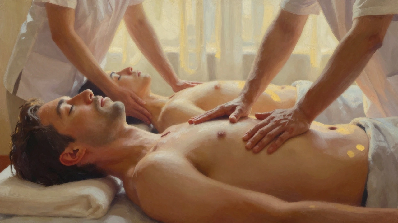 A man and woman breathing in sync during a massage, therapists working quietly in the background, peaceful stillness.