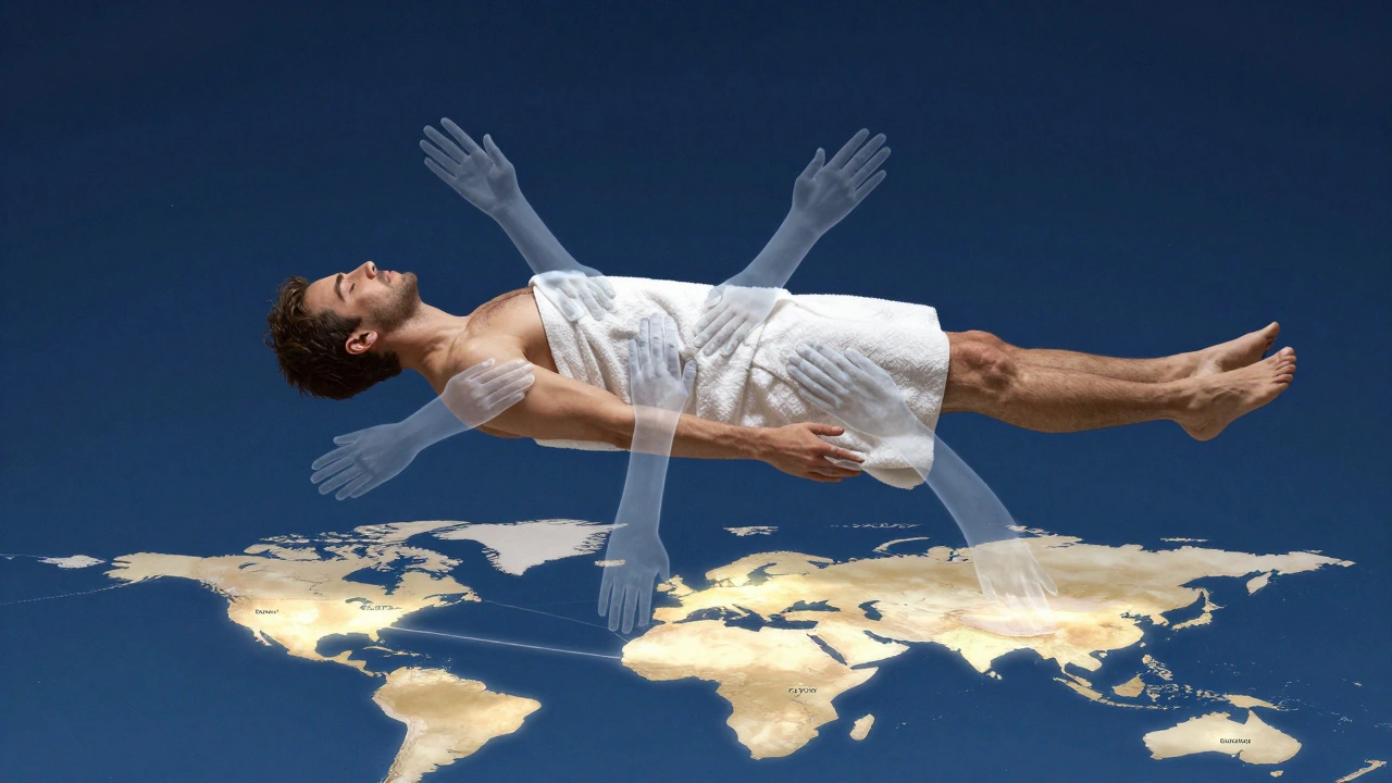 A man floating peacefully as global massage hands gently press into his body, surrounded by a glowing world map.