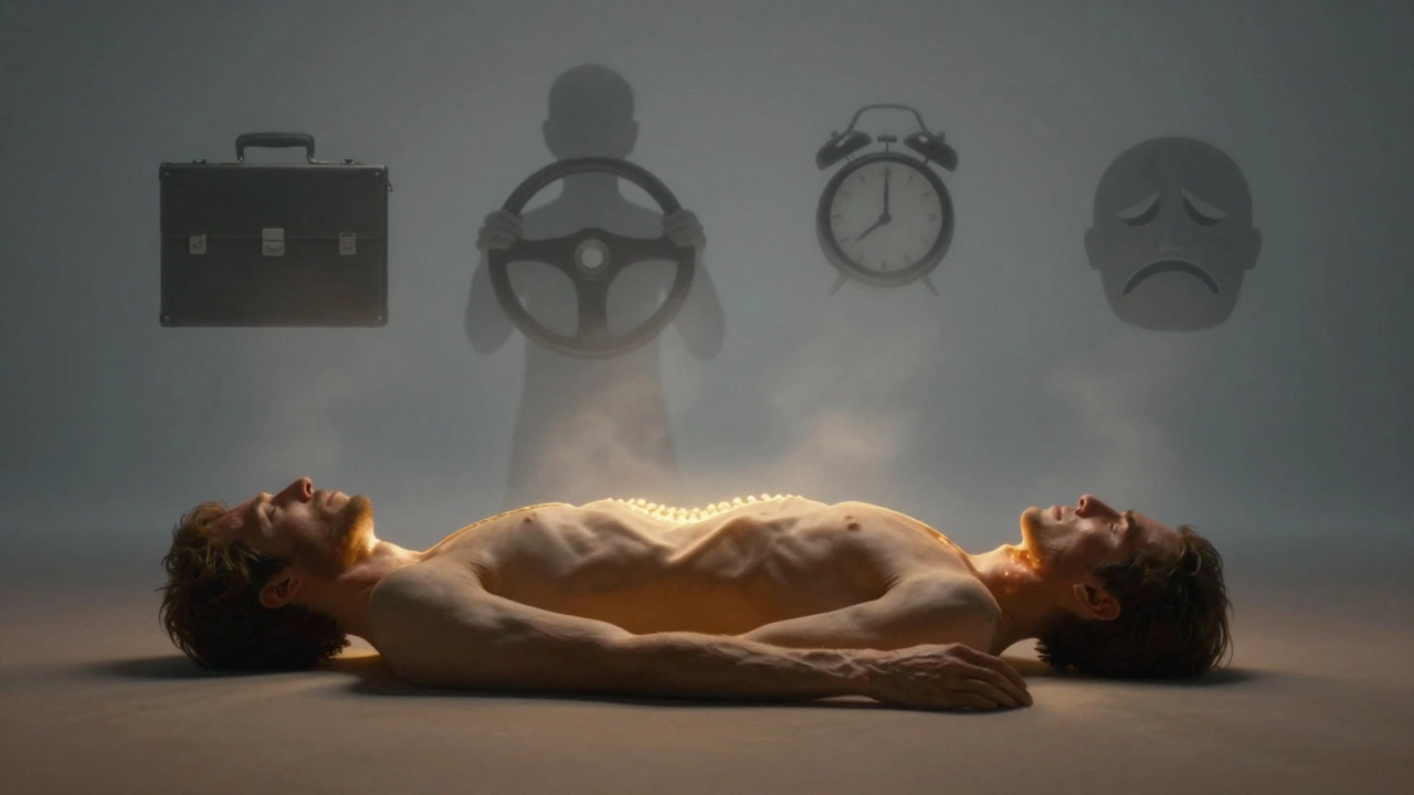 A man glows with golden light as stress symbols fade around him after a transformative massage session.