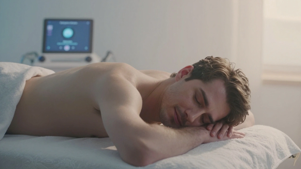 A man lying peacefully after a massage, eyes closed, face relaxed in quiet release.