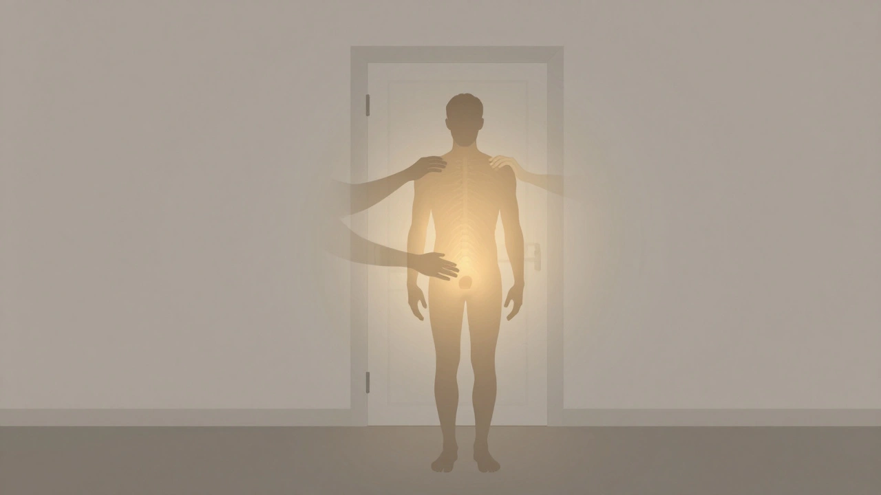 A man radiates calm light as gentle hand silhouettes release tension, symbolizing emotional restoration.