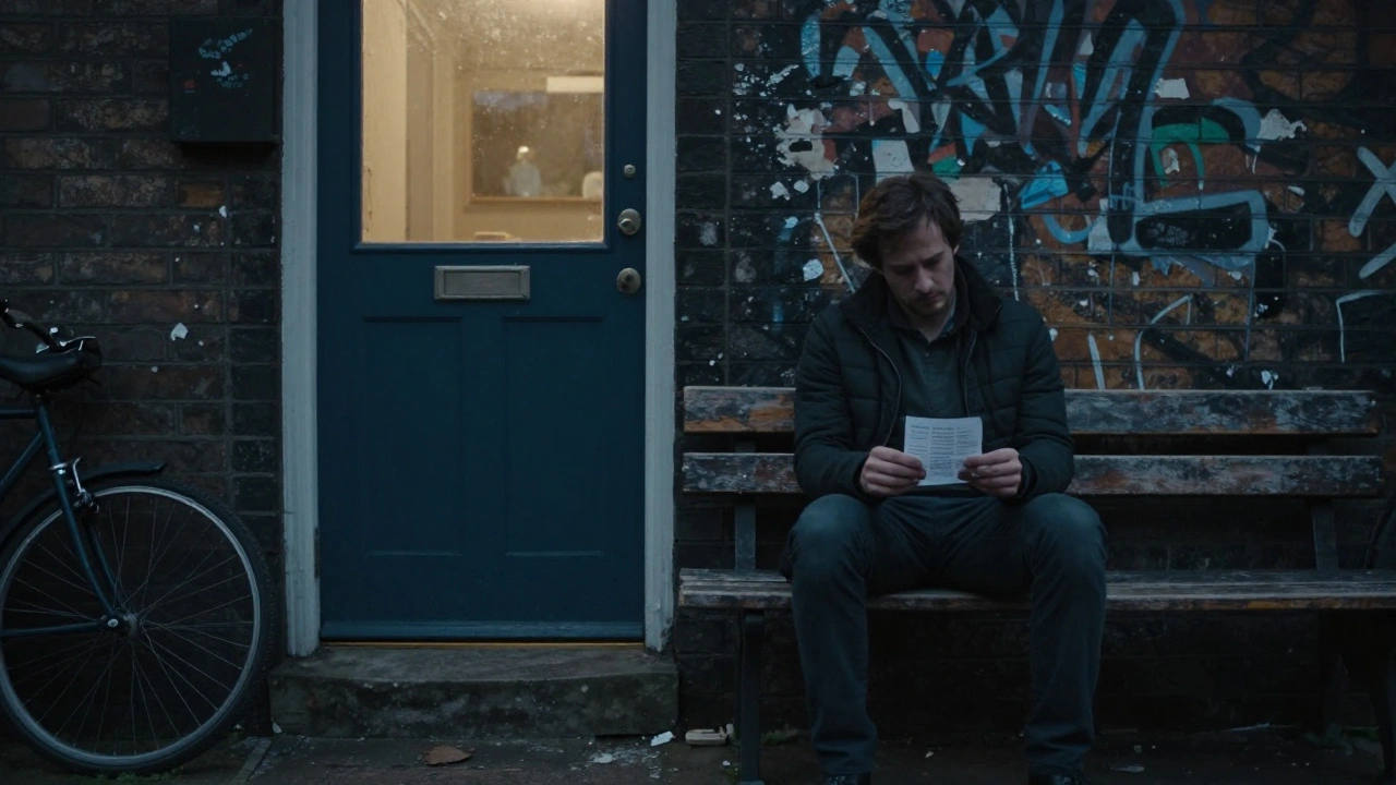 A man sits on a bench outside a nondescript door in Hackney, holding a note with a phone number, dusk light glowing faintly from inside.
