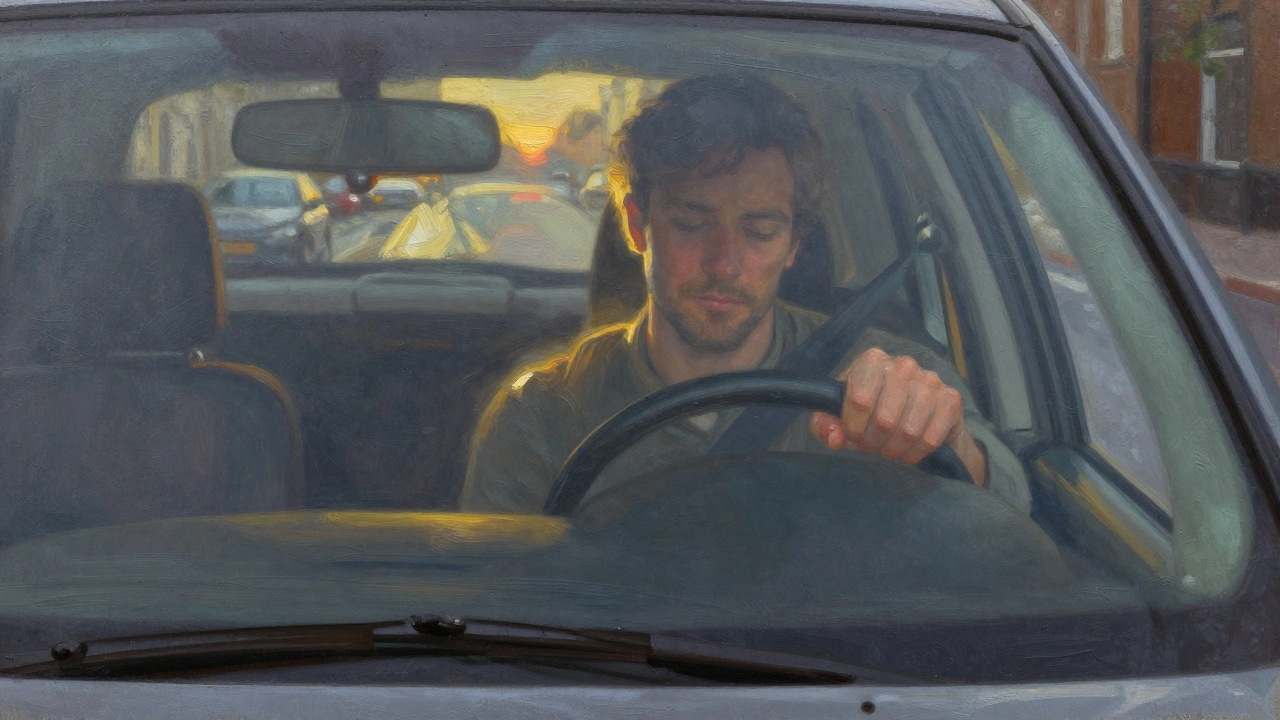 A man sits peacefully in his car after a massage, sunset glowing softly as he breathes deeply, emotionally renewed.