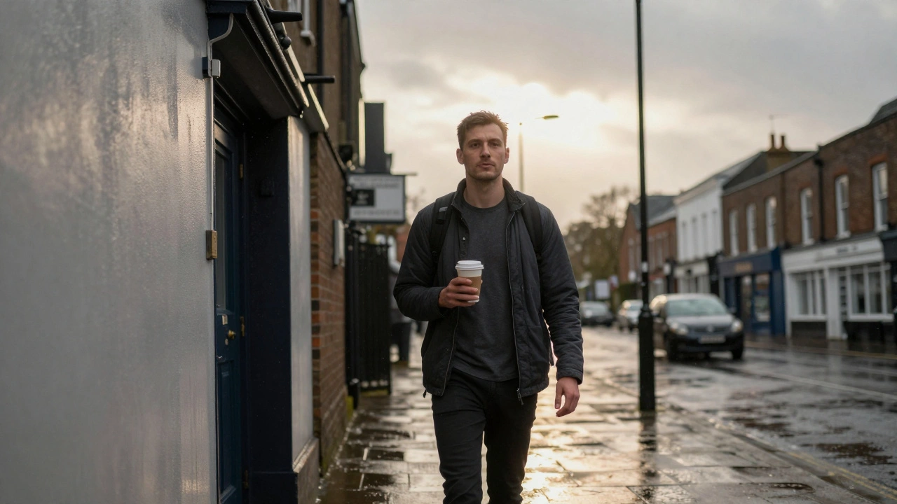 A man walks out at dawn after a massage, looking renewed and at peace.