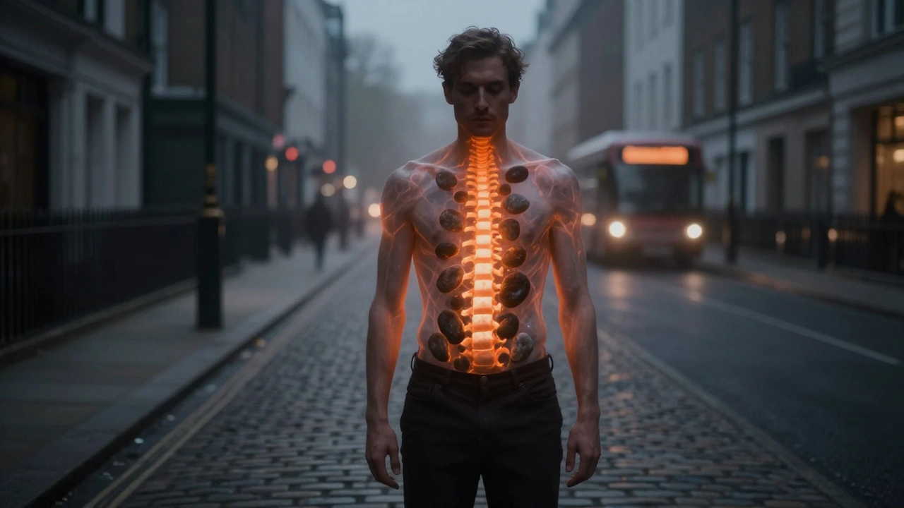 A man with transparent body revealing glowing stones inside, dissolving shadows in a misty London street.