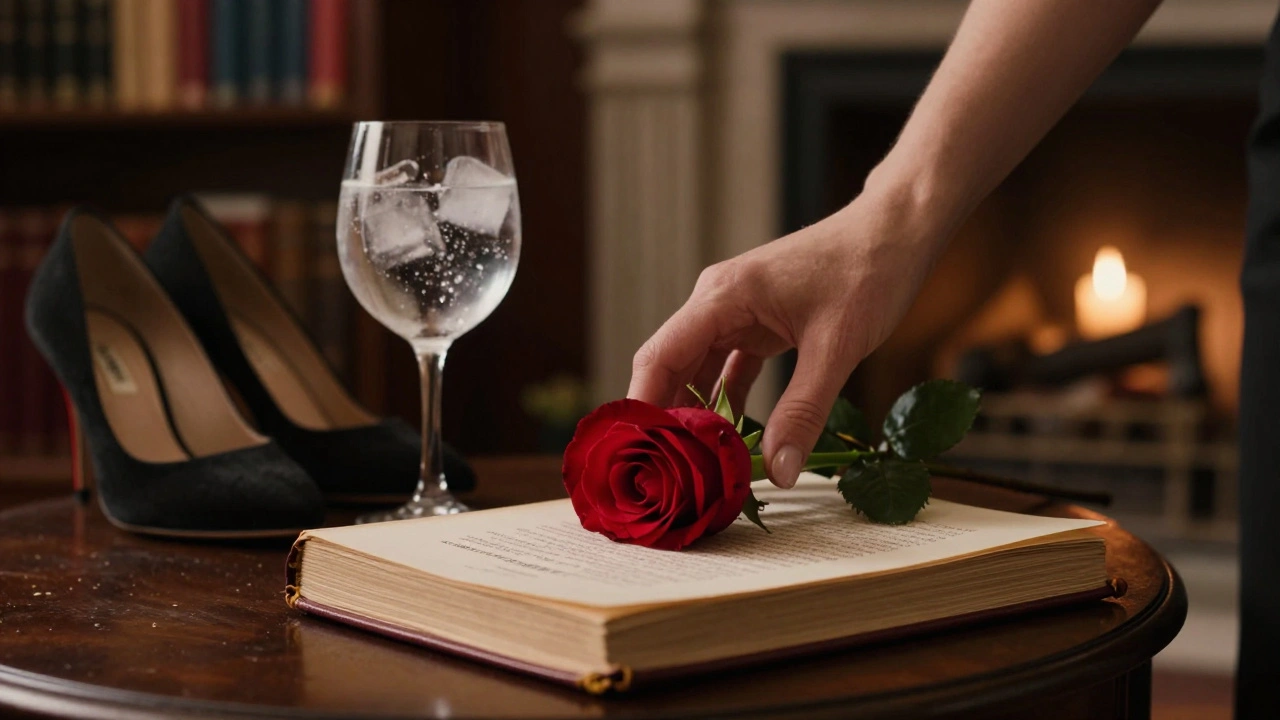 A red rose rests on Oscar Wilde&#039;s poetry beside a gin and tonic and elegant heels.