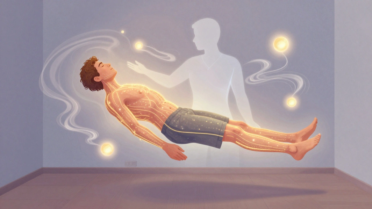 A surreal depiction of energy flowing through a man&#039;s body during a tantric session, represented by glowing light and breath patterns.