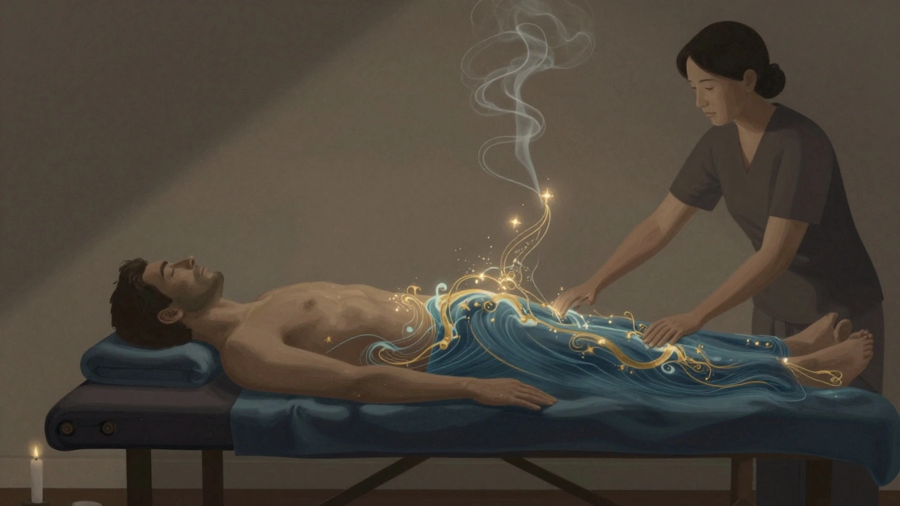 A surreal depiction of tension releasing as glowing energy from a man's body during an intimate, transformative massage.