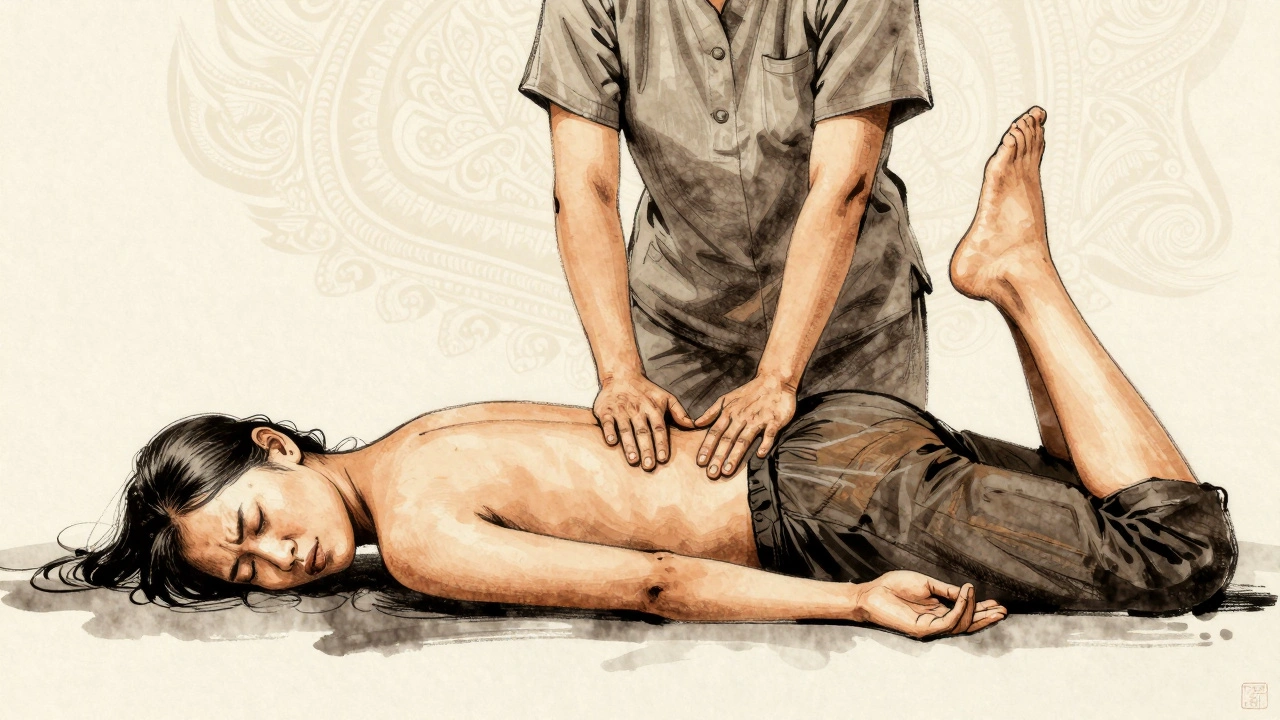 A Thai therapist using their feet and hands to stretch a client in a traditional massage pose.