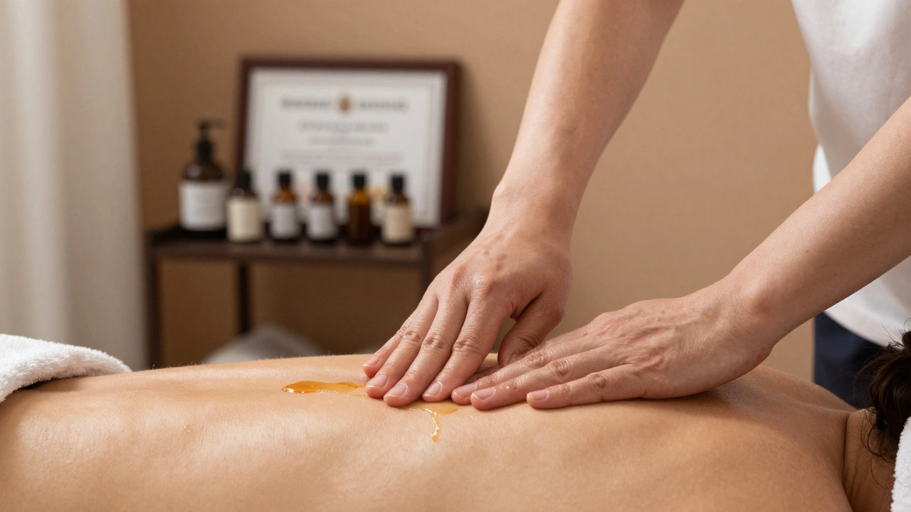 A therapist's hands applying deep pressure with warm oil to relieve muscle tension in the upper back.