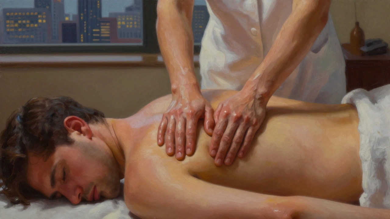 A therapist&#039;s hands work deeply into a man&#039;s lower back during a private massage in a hotel room.