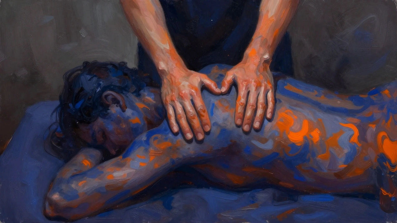 Abstract art of a human form dissolving into waves of color, symbolizing emotional release and deep tissue healing through touch.