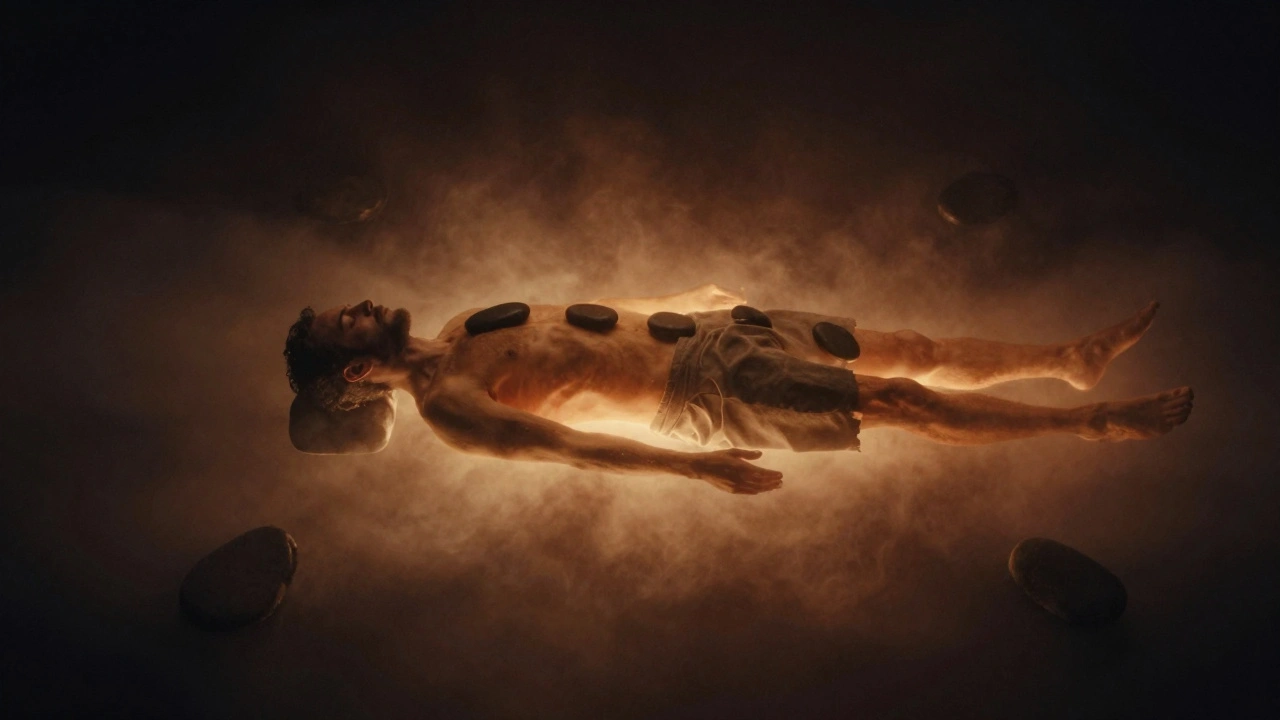 Abstract representation of stress melting away as warm light radiates from a man&#039;s body.