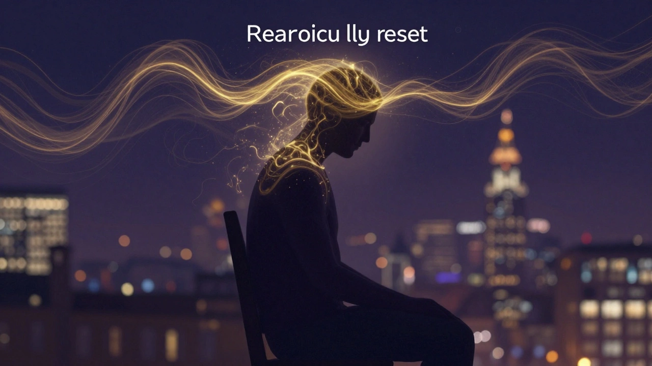 Abstract representation of stress melting away from a man&#039;s head and shoulders as golden and indigo energy waves.