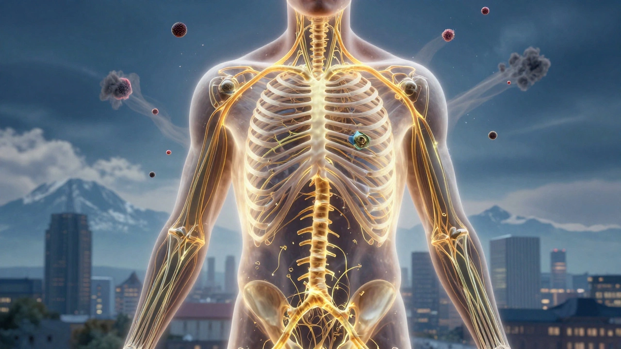 Abstract visualization of lymph fluid flowing through the body, clearing toxins
