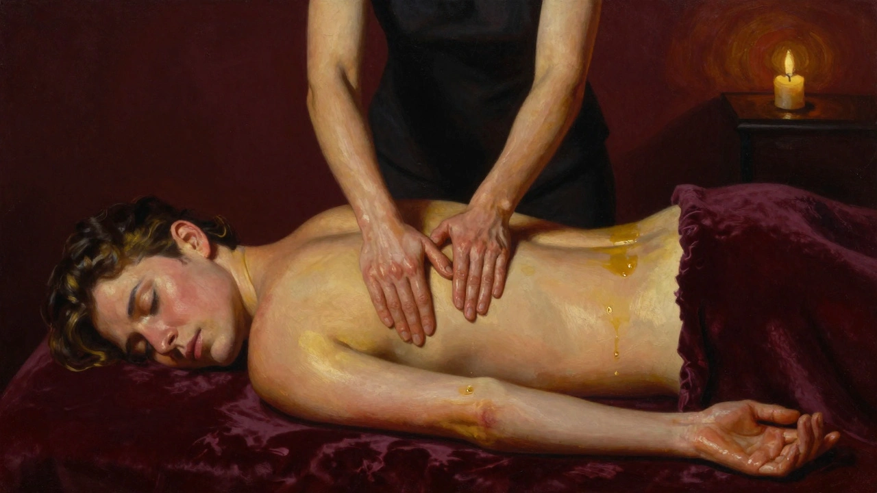 An intimate erotic massage scene with focused touch and candlelight, conveying deep relaxation and emotional release.
