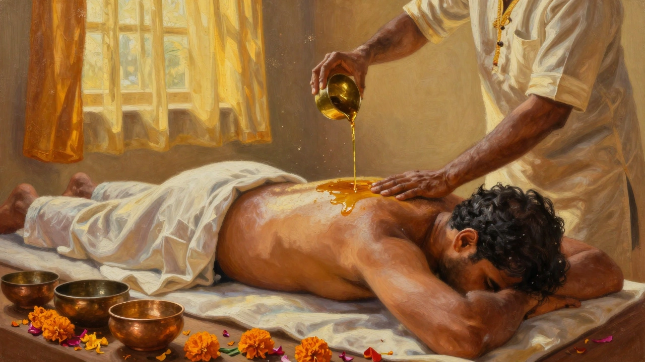Ayurvedic practitioner pouring warm oil along a man's spine in a sunlit Indian setting with flowers nearby.